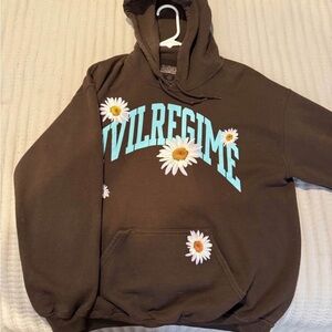 Brown Civil Regime Hoodie with Blue Text and Daisy Design